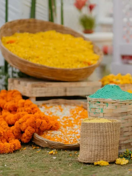 Baskets filled with vibrant marigolds and organic colors, creating a stunning visual display that is also interactive.