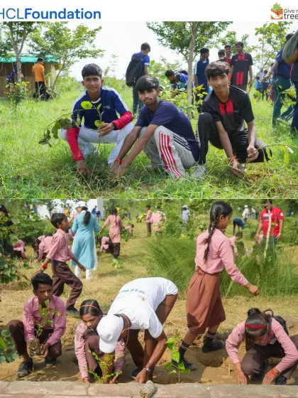 Young students get their hands muddy, planting saplings with enthusiasm. Involving children makes them stakeholders in the future of their environment.