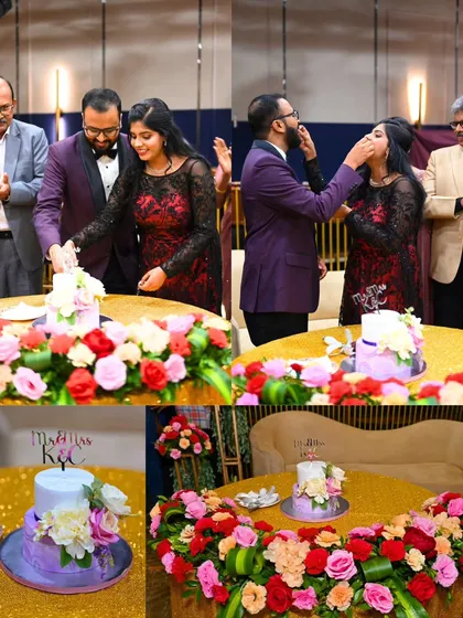 The cake cutting ceremony is a sweet highlight. We ensure the cake table is beautifully decorated with florals that match the overall theme of the reception.