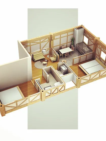 A 3D render showing the interior possibilities of a 'Hyber' tower apartment. The exposed timber frame creates a warm, natural living environment, demonstrating that sustainable construction can also be beautiful.