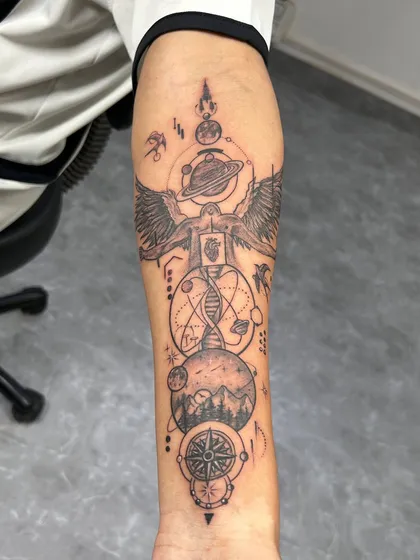 A full view of the custom cosmic sleeve, a truly one-of-a-kind piece that tells a complex and beautiful story.