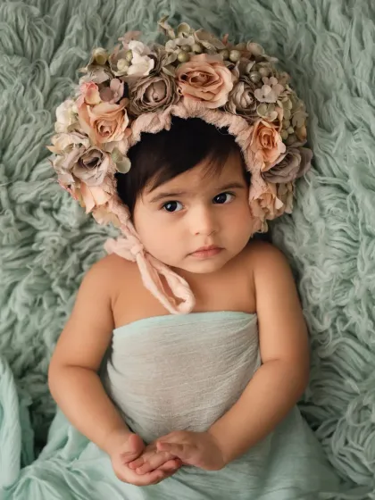 A beautiful portrait of a baby wearing an elaborate floral bonnet, lying on a soft mint-colored blanket.