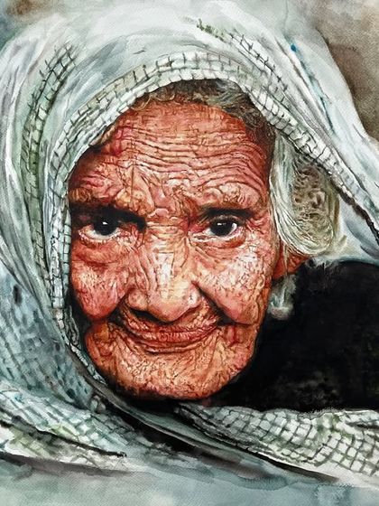 Painted in 2016, this piece is a tribute to a face full of life. The way her head is wrapped in the cloth, framing her smile, allowed me to explore the interplay between fabric textures and skin.