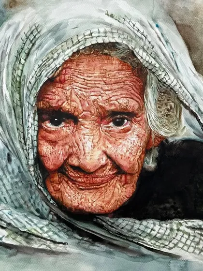 Painted in 2016, this piece is a tribute to a face full of life. It explores how to use wet and dry watercolor techniques to create the texture of the headscarf and the deep lines of a life well-lived.