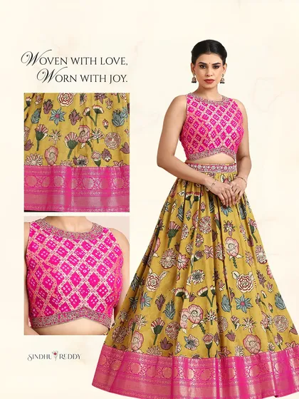 This graphic highlights the details of the floral lehenga and the embroidered blouse, with the words "Woven with love, Worn with joy."