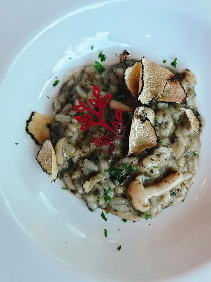 A beautiful Mushroom Risotto with Black Truffles from The Qube at The Leela Palace. This overhead shot captures the luxury and richness of the dish, a must for fine dining content.