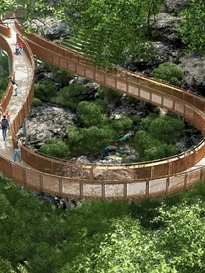This aerial rendering shows the unique, looping viewpoint I designed for the trail. This section allows visitors to be fully surrounded by the forest canopy, offering a 360-degree immersive experience and a chance to spot local wildlife like peacocks.