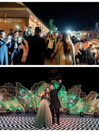 The couple makes their entrance and poses on stage. We capture both the candid and the posed moments of your Sangeet night.