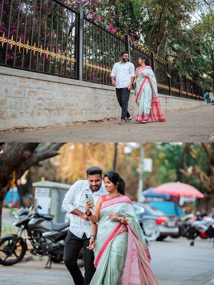A modern couple's portrait. The top image shows them walking hand-in-hand, while the bottom captures a candid moment sharing something on a phone. This reflects how I incorporate contemporary, real-life interactions into my shoots.
