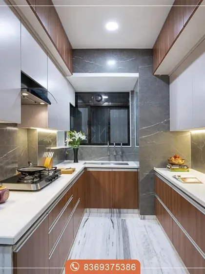 A U-shaped layout provides an abundance of counter and storage space. Here, we paired wood-grain lower cabinets with clean white uppers, complemented by a grey marble-look backsplash for a touch of modern luxury.