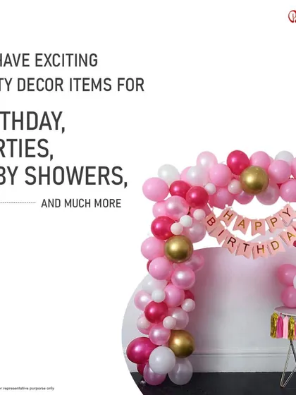 I have a wide range of party decor items available for birthdays, baby showers, and more. This graphic highlights a classic pink and gold balloon arch, a popular choice for many celebrations.