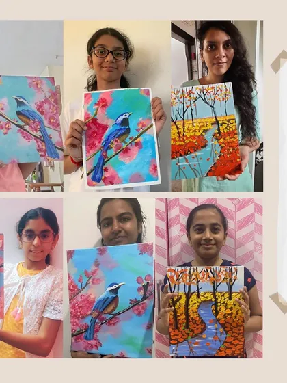 More proud students showing off their finished acrylic paintings. It's wonderful to see each unique interpretation of the same subject.