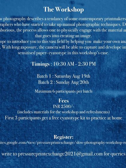 Details for our Slow Photography workshop, where you can make your own camera and learn to create cyanotype images. The first three participants even get a free cyanotype kit to practice at home.