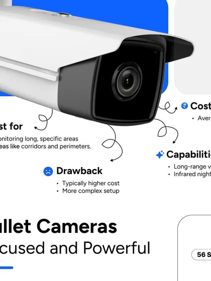 Bullet cameras are focused and powerful, making them best for monitoring long, specific areas like corridors and perimeters. Their capabilities often include long-range vision and infrared night vision for clear footage in all conditions.