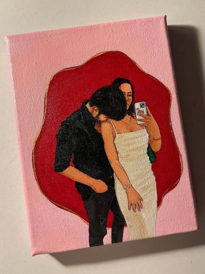 This portrait features a unique abstract red shape in the background, outlined in gold, which adds a modern and artistic touch to this mirror selfie-inspired painting.
