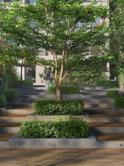 Community interaction is central to our design philosophy. This contemporary tiered seating area at Sattva Lumina is a perfect example of how we create functional and aesthetic public spaces for residents to gather and connect.