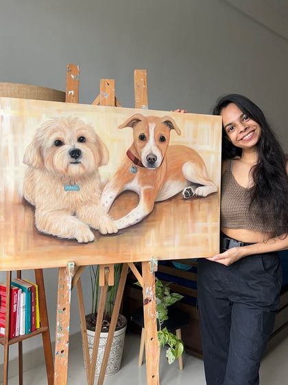 Here I am with a large commissioned piece of Murphy and Ollie. Creating large-scale art that becomes a centerpiece in a client's home is always an exciting project.