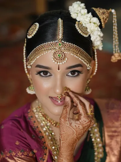 The joy and confidence of a bride who feels like the best version of herself. This close-up captures the flawless finish and the happiness that comes with a perfectly executed traditional look.