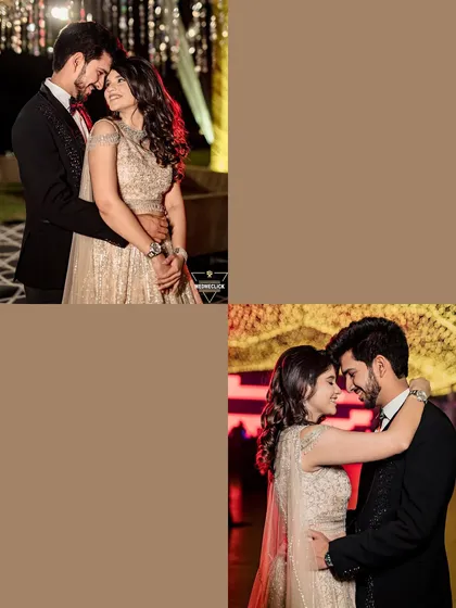 A collage of the couple's romantic portraits from their engagement night, set against a backdrop of beautiful, warm lighting.