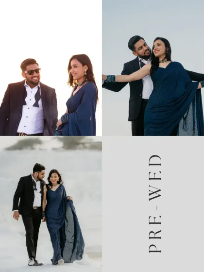 Four distinct looks from a pre wedding shoot on the salt plains. This collage demonstrates the versatility of a single location, capturing different moods from playful to romantic.