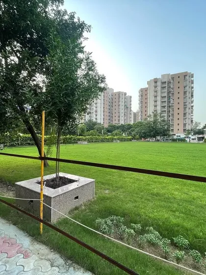 Another view of the community park, showing the healthy green lawn bordered by a simple fence and an interlocking tile path. The established trees provide a mature feel to the landscape.