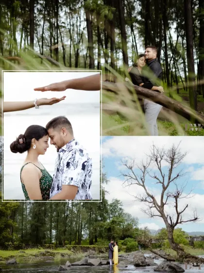 A collage showcasing the variety of a pre-wedding shoot, from intimate close-ups to scenic shots by a waterfall and through the woods.