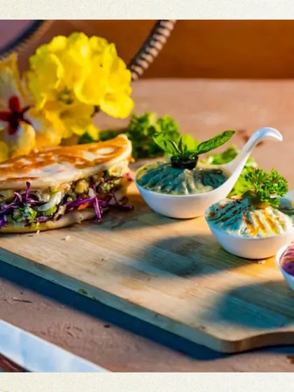 This platter showcases our Middle Eastern offerings, featuring a freshly made pita pocket alongside a trio of colourful and flavourful dips, garnished with fresh flowers.