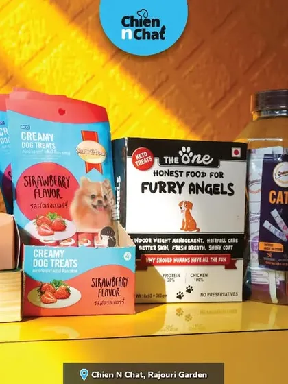 A peek at my treats section in the Rajouri Garden store. I have everything from creamy dog treats and strawberry-flavored snacks to honest, healthy food for your furry angels.
