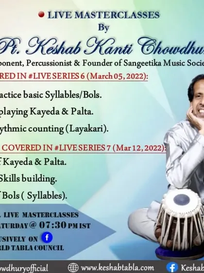 My live masterclasses are designed for tabla aspirants of all levels. This gives you an idea of the topics we cover, from foundational elements like basic bols and kayeda to the intricate rhythmic calculations of layakari.