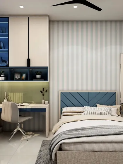 We create kids' rooms that are both playful and practical. This design features a built-in study unit with ample storage, a comfortable bed with a stylish headboard, and a color scheme that is cheerful yet calming, ensuring a space your child can grow with.