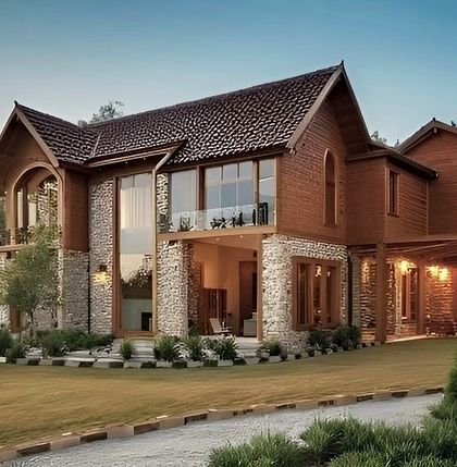 A wider view of the wood and stone farmhouse, showcasing how the structure is nestled into the landscape. The combination of materials gives it a grounded, organic feel.