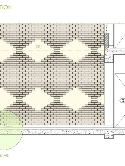 The architectural elevation drawing for the Green Bean feature wall. This technical drawing guided the masons in executing the complex, stepped brick pattern.