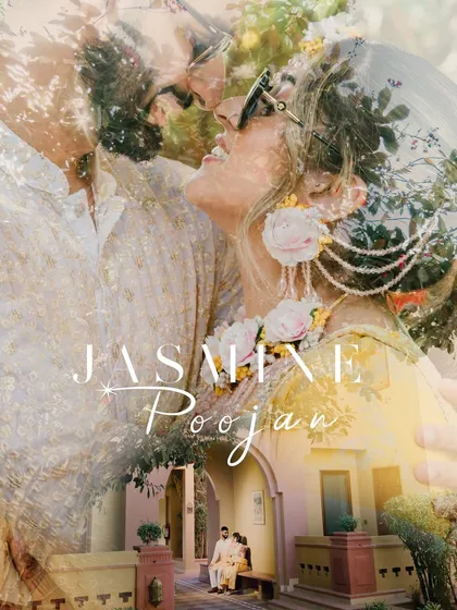 An artistic double exposure created for the Haldi ceremony, blending an intimate couple portrait with a wider shot of the venue.