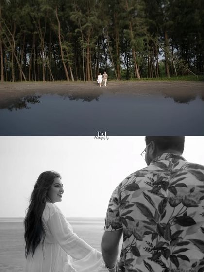 A split image showing two different perspectives from the same beach shoot. The top is a wide shot with a stunning reflection, while the bottom is an intimate black and white photo of the couple walking away.