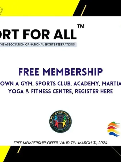 A limited-time free membership offer for sports organizations to join our "Sport for All" network. This initiative, under the Association of National Sports Federations (ANSF), is designed to build a strong, interconnected sports community.