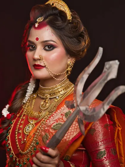 A fierce and beautiful look of Maa Chandraghanta, the third form of Durga, holding her trishul.