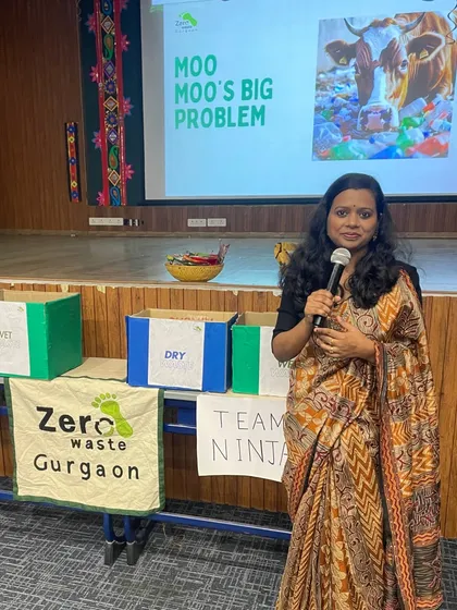 Teaching the next generation about "Moo Moo's Big Problem". We use storytelling to explain how plastic waste harms animals and the environment, followed by a hands-on waste segregation activity to teach them how to sort dry and wet waste.