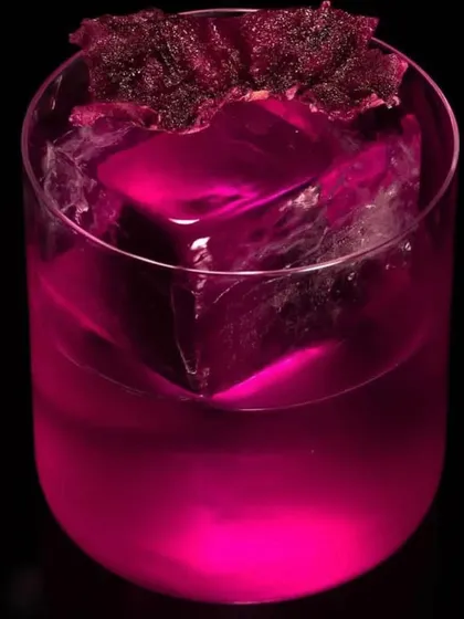 A bold magenta cocktail served over a large, clear ice cube and topped with dehydrated fruit. The minimalist presentation emphasizes the drink's striking color.