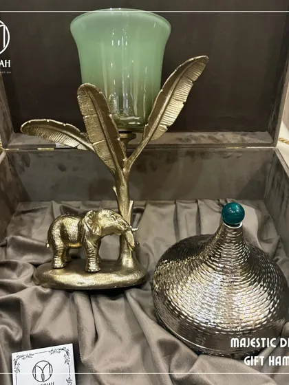 The complete Majestic Diwali Hamper, nestled in its velvet-lined box. I designed this to be an unforgettable gift that lights up any home with its elegance and festive charm.