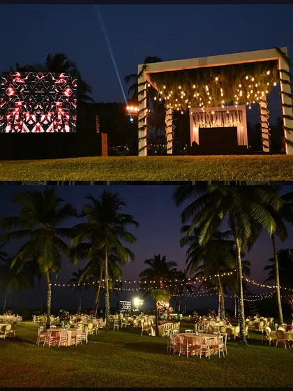 The reception for Nirja and Hitanshu was a mesmerizing celebration under a canopy of twinkling fairy lights, creating a warm, golden ambiance.