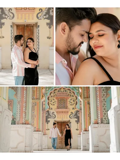 A collage of Suyash and Somya's shoot at Patrika Gate, showing them in both modern and traditional outfits to get a variety of looks.