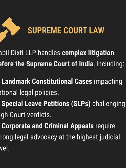 We have extensive experience arguing before the Supreme Court of India. This includes handling Special Leave Petitions (SLPs), significant constitutional cases, and high-stakes corporate and criminal appeals at the nation's apex court.