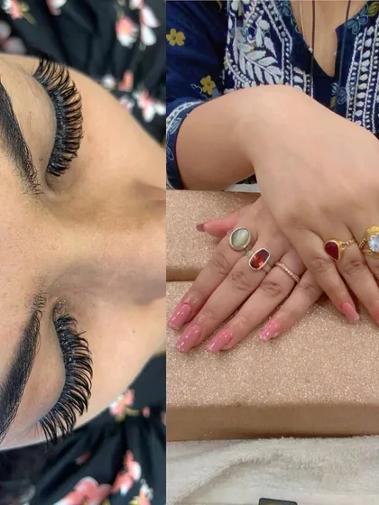 A happy client showing off her new hybrid eyelash extensions and a fresh set of glitter nail extensions. I love providing a complete pampering experience from lashes to nails.