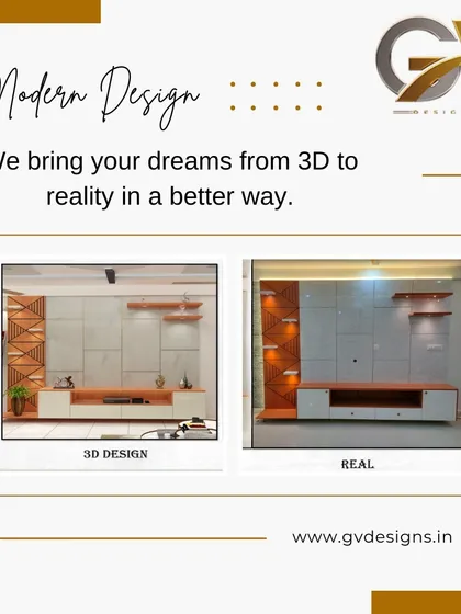 A direct comparison showcasing our "visualize before you invest" philosophy. On the left is the initial 3D design for a modern TV unit, and on the right is the final, real-world installation, proving our commitment to accurately translating detailed concepts into tangible results.