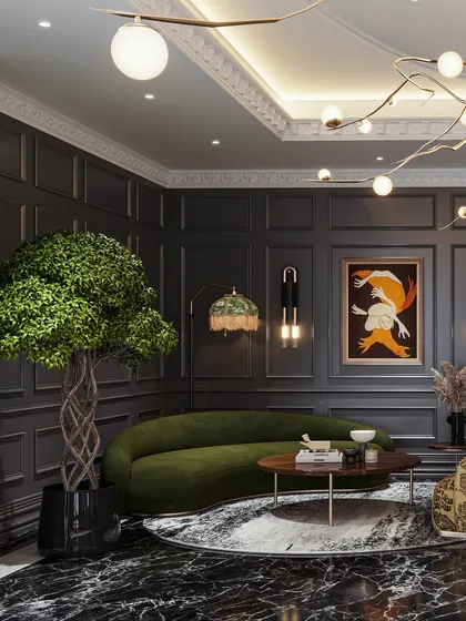 This corner vignette shows a curved olive green sofa against dark paneled walls. The lighting render focuses on creating a moody, sophisticated atmosphere with multiple light sources.