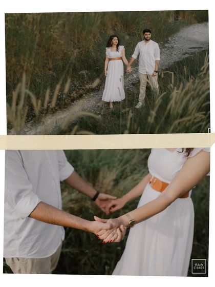 A creative collage that feels like a treasured memory. It combines a wide shot of the couple in nature with a close-up of their hands, symbolizing their connection.