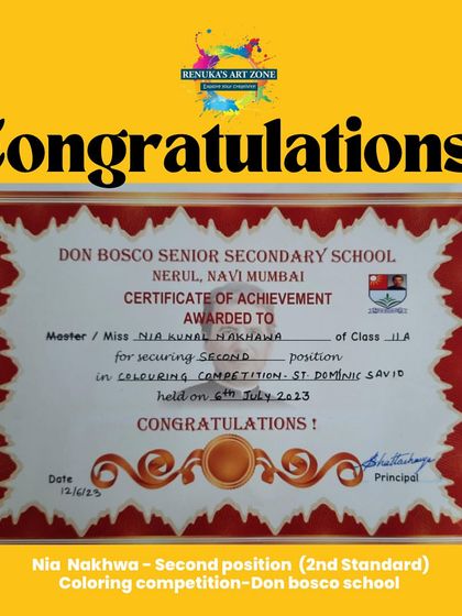 The certificate of achievement awarded to our student Nia. We celebrate every success, big and small, in our artistic community.