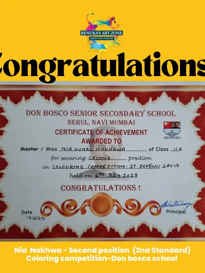 The official certificate of achievement for Nia's win. It's wonderful to see our students' hard work and talent recognized outside our classroom.