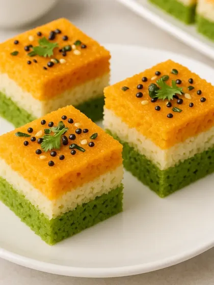 Celebrating our nation's pride with my special Tiranga Dhokla. These soft, spongy layers are naturally coloured and seasoned, making them a perfect patriotic snack for national holidays and events.