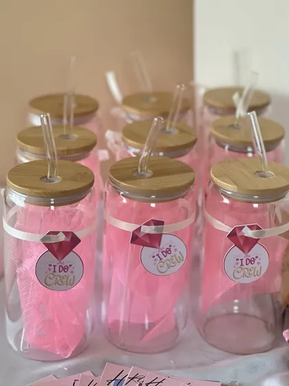 "I Do Crew" glass tumblers ready for a bachelorette party. These are a fun and reusable gift that can be included in any bridesmaid or bachelorette hamper.